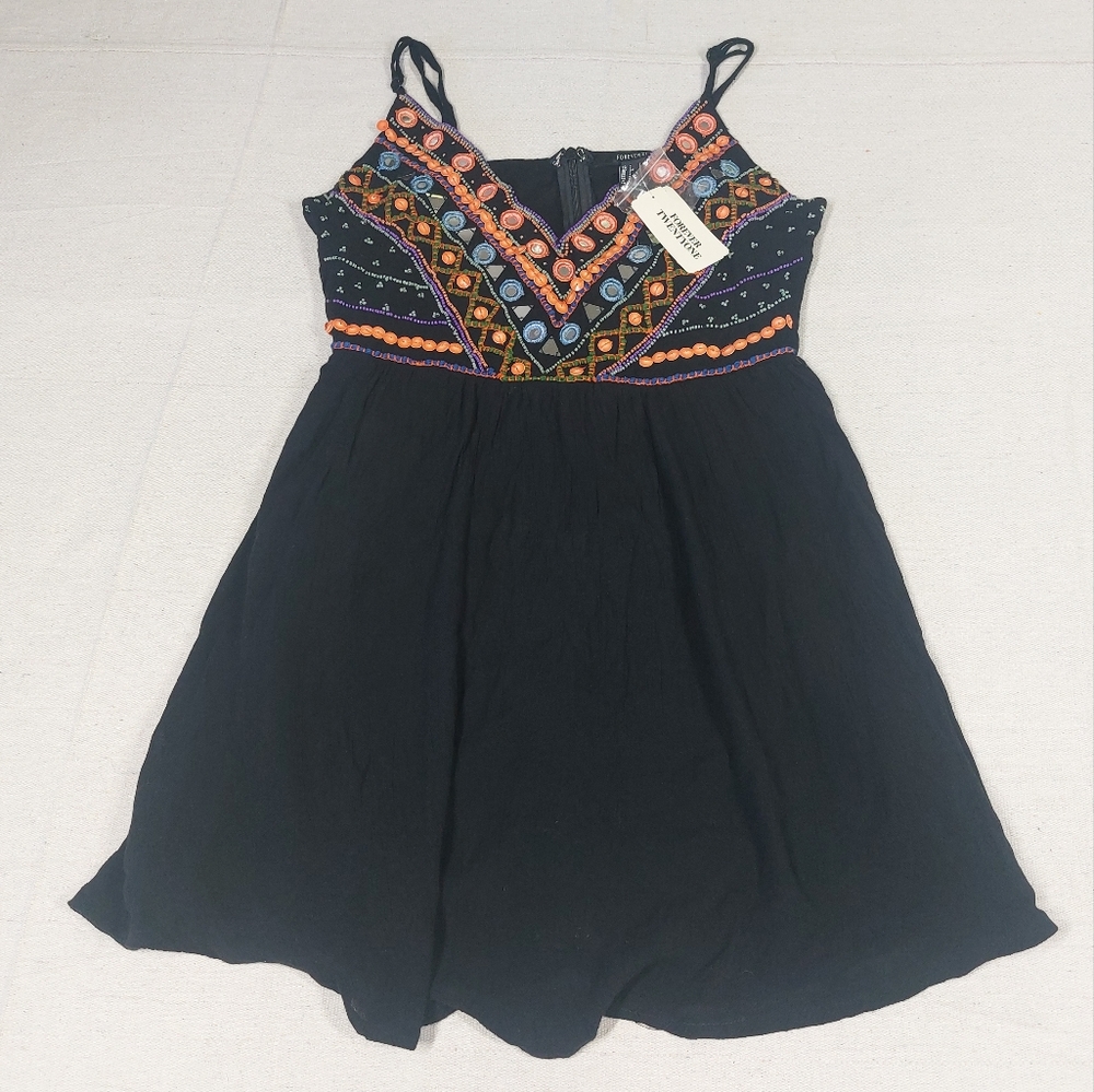 Forever 21 Mini Dress Size Small Black Beaded V-Neck Zipped Back